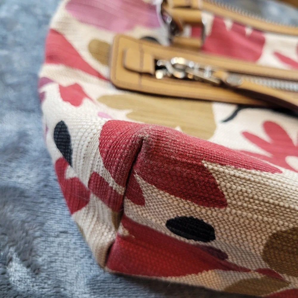 Fossil Issue No. 1954 Floral Canvas‎ Leather Satchel Crossbody Bag Tan Red